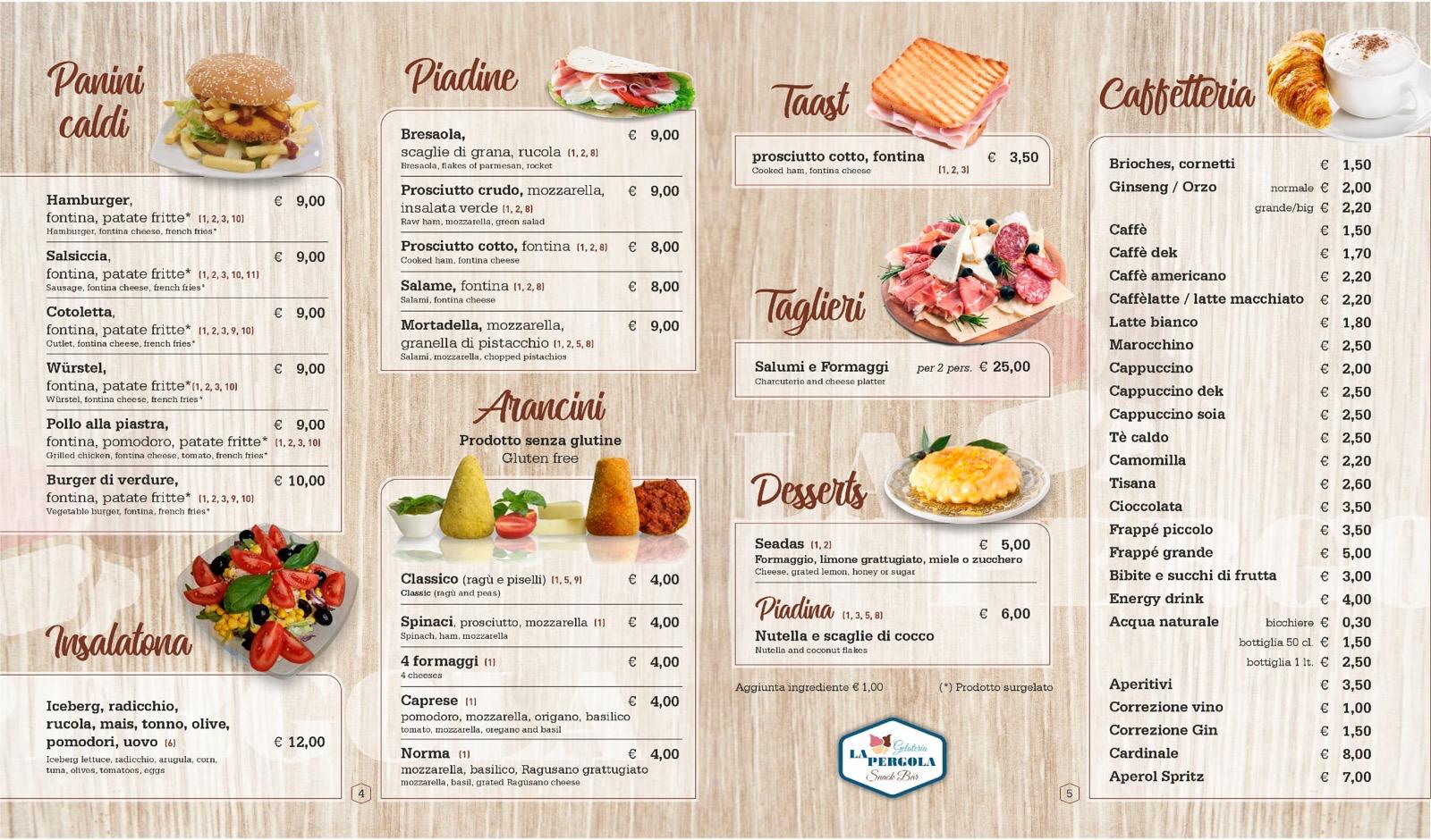 Menù snack bar: panini, piadine, arancini e caffetteria