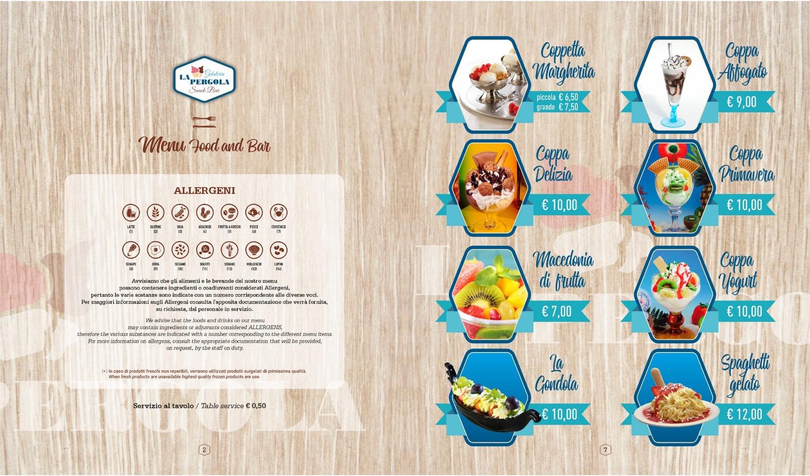 Menu gelateria: coppe, macedonia e spaghetti gelato