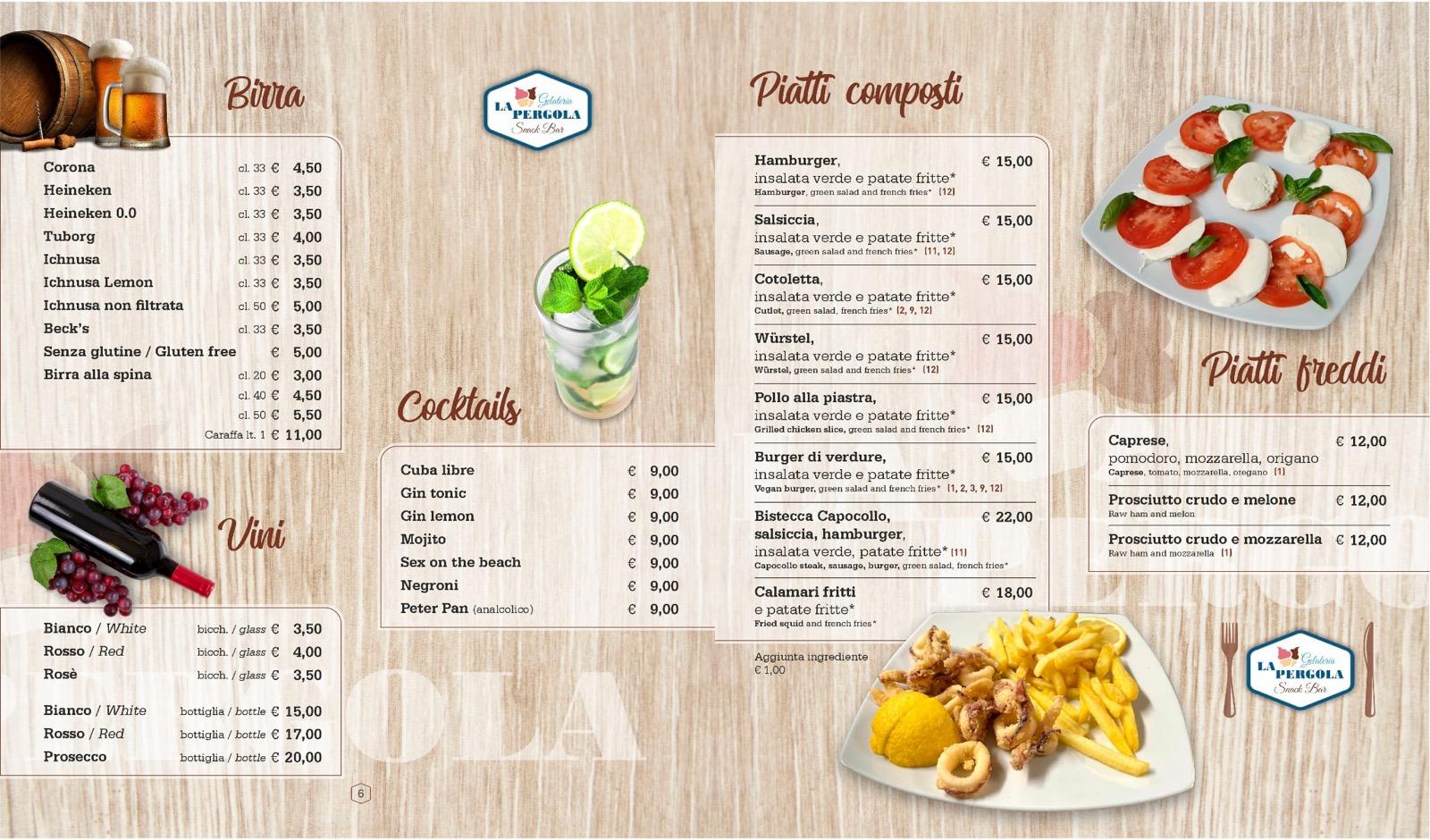 Birre, vini, cocktail e piatti composti